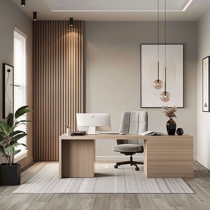 A subtly lit modern office space, highlighting the interplay of natural light and refined interior design, suggesting a calm and productive atmosphere.